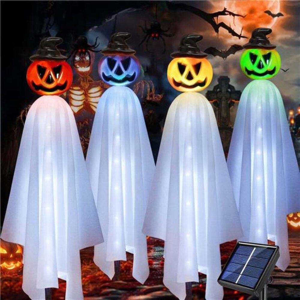 Upgraded Pumpkin Ghosts Halloween Decorations Outdoor, 4 Pack Waterproof Solar
